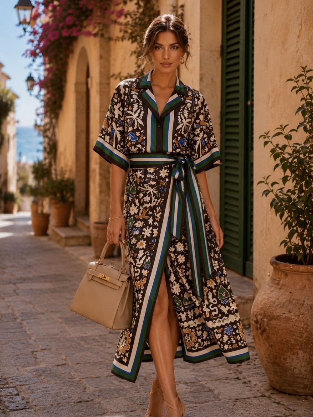 Printed Wrap Skirt in Black with Green Stripe